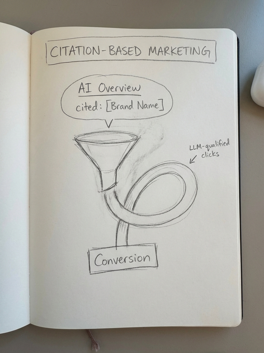 Notebook-style pencil sketch of a classic marketing funnel morphing into a citation-based path from AI Overview mentions to LLM-qualified conversions
