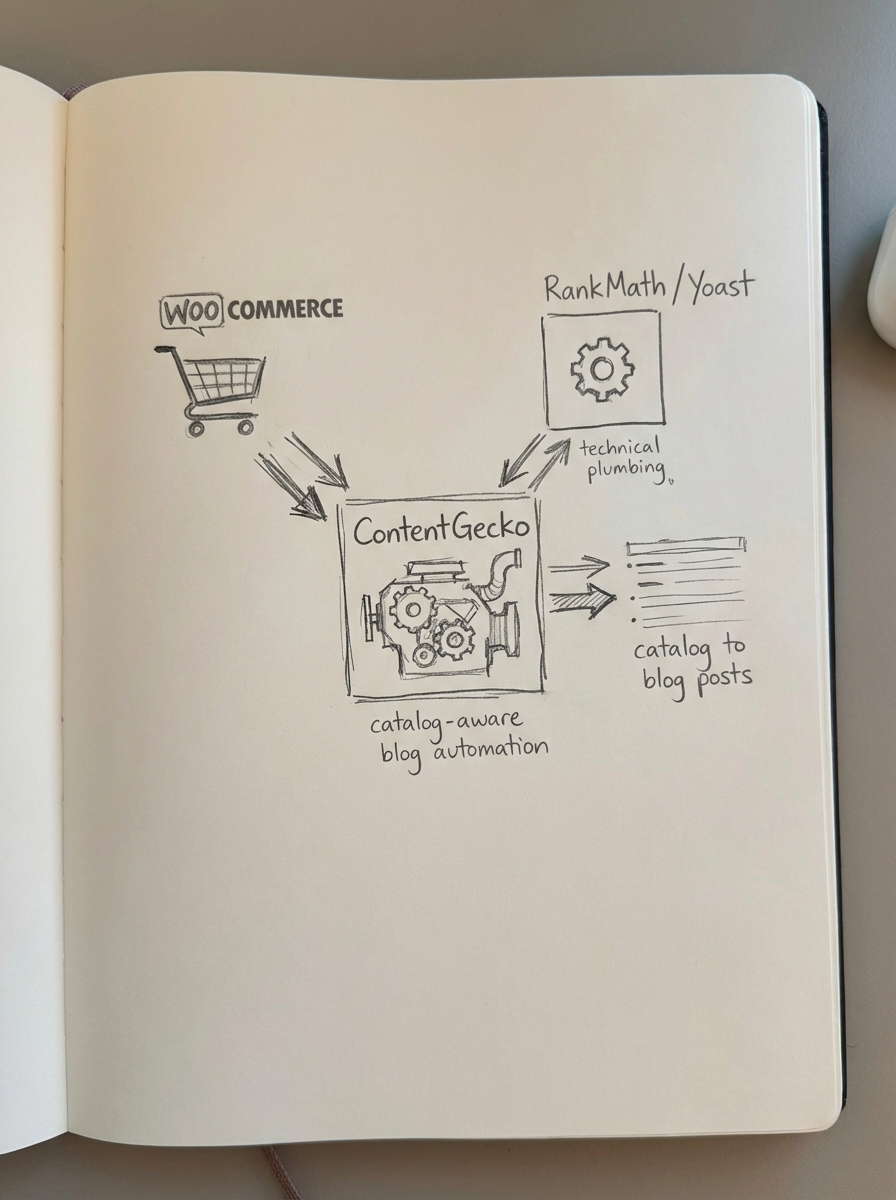 Notebook-style pencil sketch diagram showing where ContentGecko fits in a WooCommerce SEO stack between plugins and content