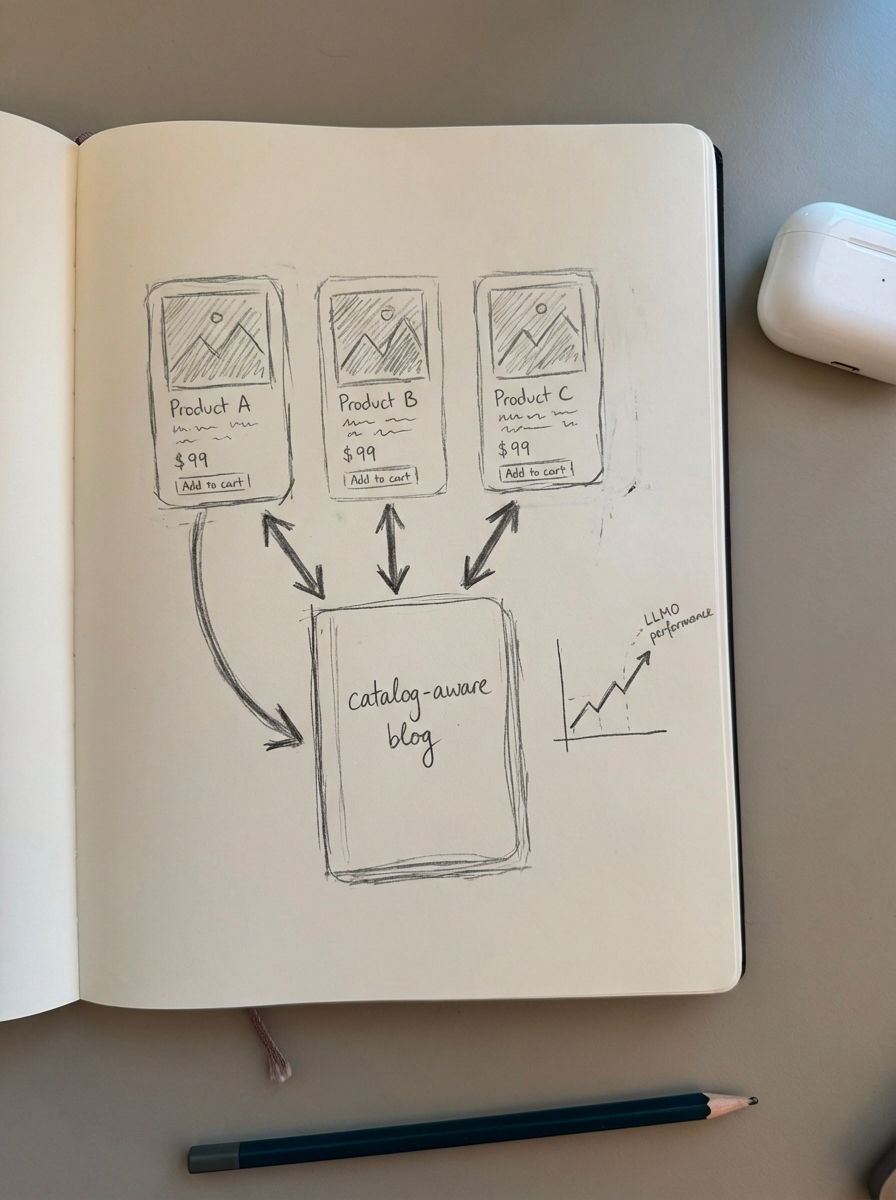 Notebook-style pencil sketch of an ecommerce SEO dashboard for WooCommerce and LLMO performance tracking