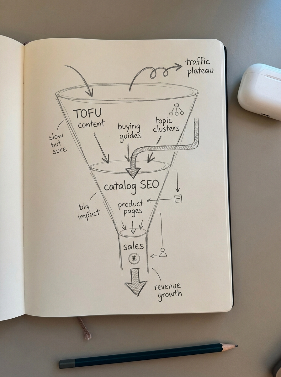 Simple notebook-style pencil sketch of a marketing funnel with rough arrows and notes showing how outsourcing costs relate to CAC and SEO ROI.