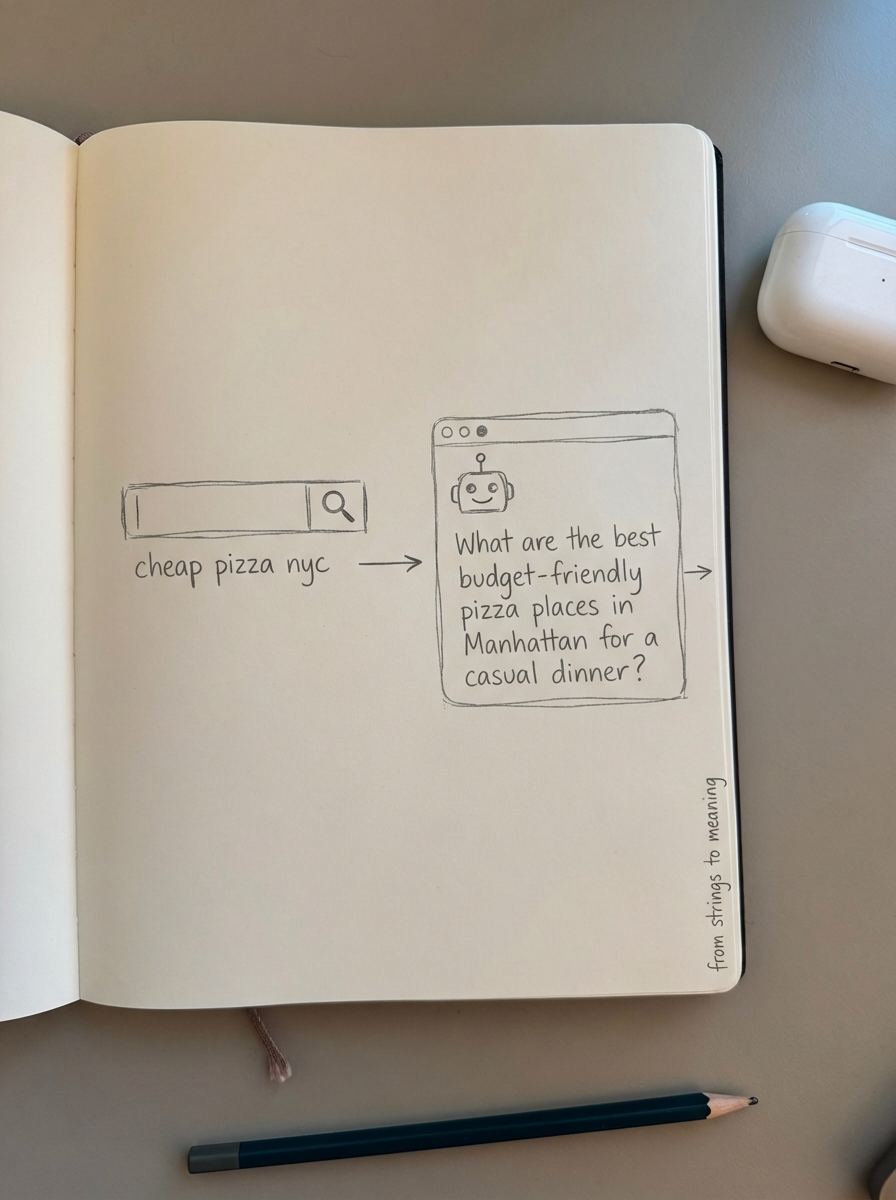 Simple notebook-style pencil sketch contrasting traditional keyword search with conversational AI intent