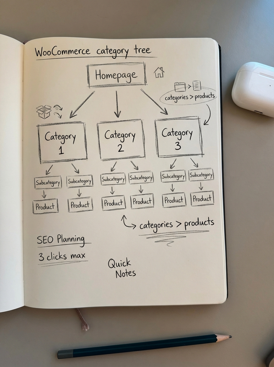 Notebook-style pencil sketch of a WooCommerce category tree with shallow hierarchy showing homepage, categories, subcategories, and products