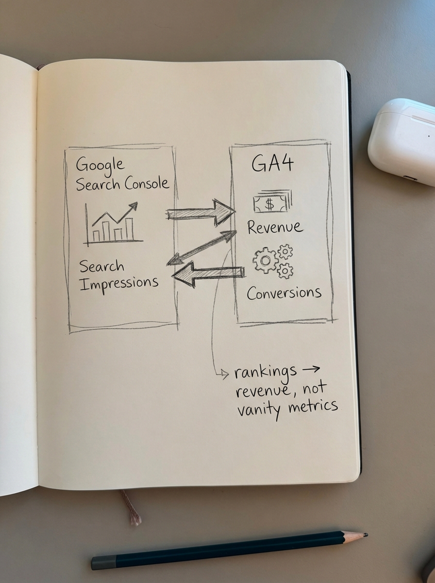 Notebook-style pencil sketch of an ecommerce SEO dashboard linking Google Search Console impressions to GA4 revenue and conversions