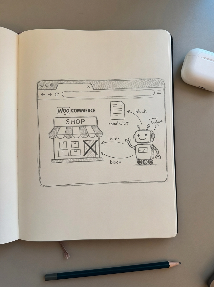 Simple notebook-style pencil sketch of a WooCommerce storefront surrounded by crawling robots and arrows to blocked and allowed sections