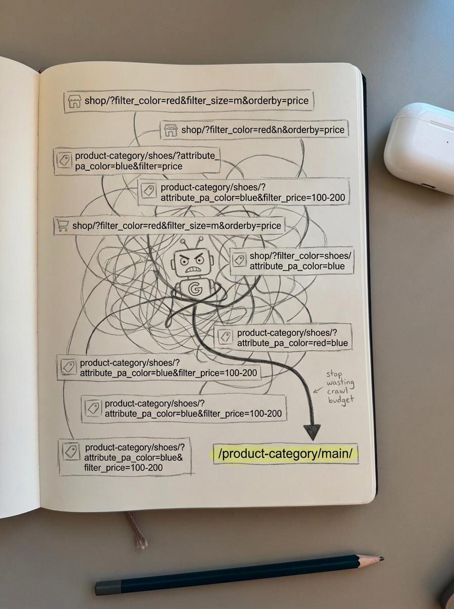 Notebook-style pencil sketch showing tangled WooCommerce URLs and crawl paths with a frustrated Googlebot to illustrate crawl budget waste