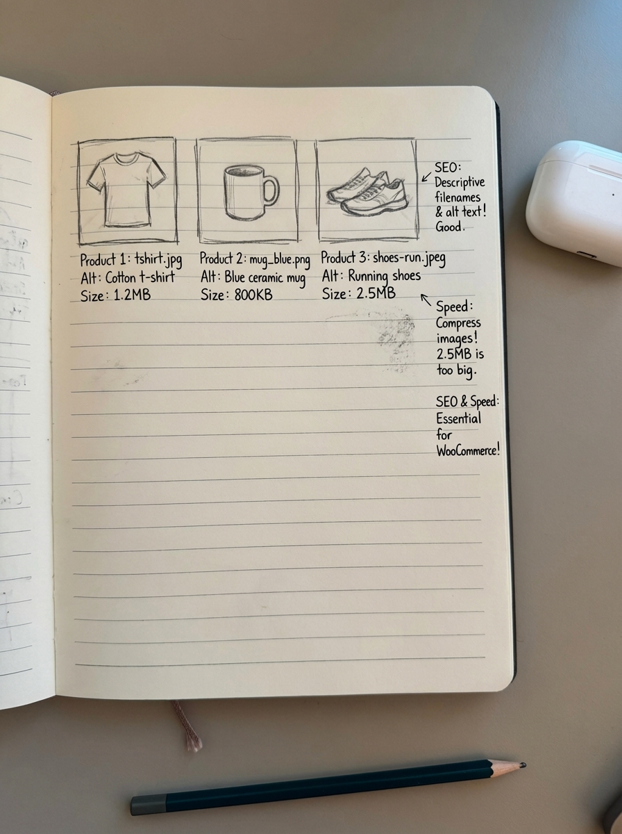 Rough notebook-style pencil sketch of icons representing plugins automating WooCommerce image SEO tasks