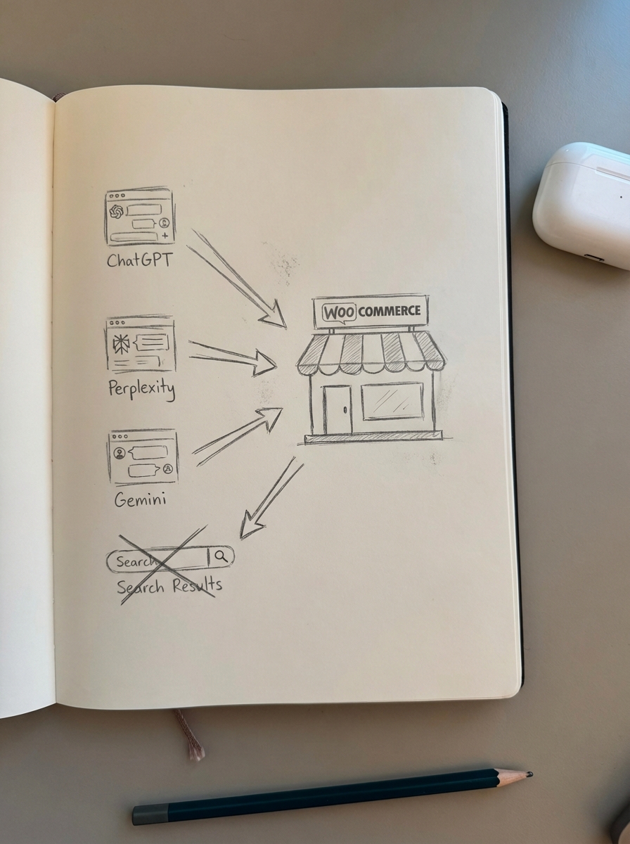 Notebook-style pencil sketch showing ChatGPT, Perplexity, and Gemini pointing toward a WooCommerce store instead of traditional search results