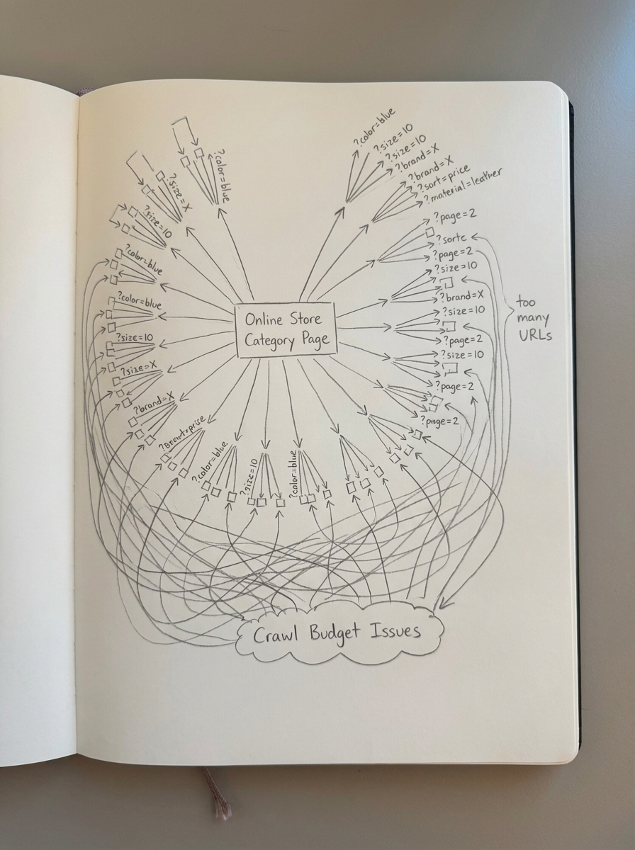 Simple notebook-style pencil sketch of an online store category page with multiple filter checkboxes creating many URL variations
