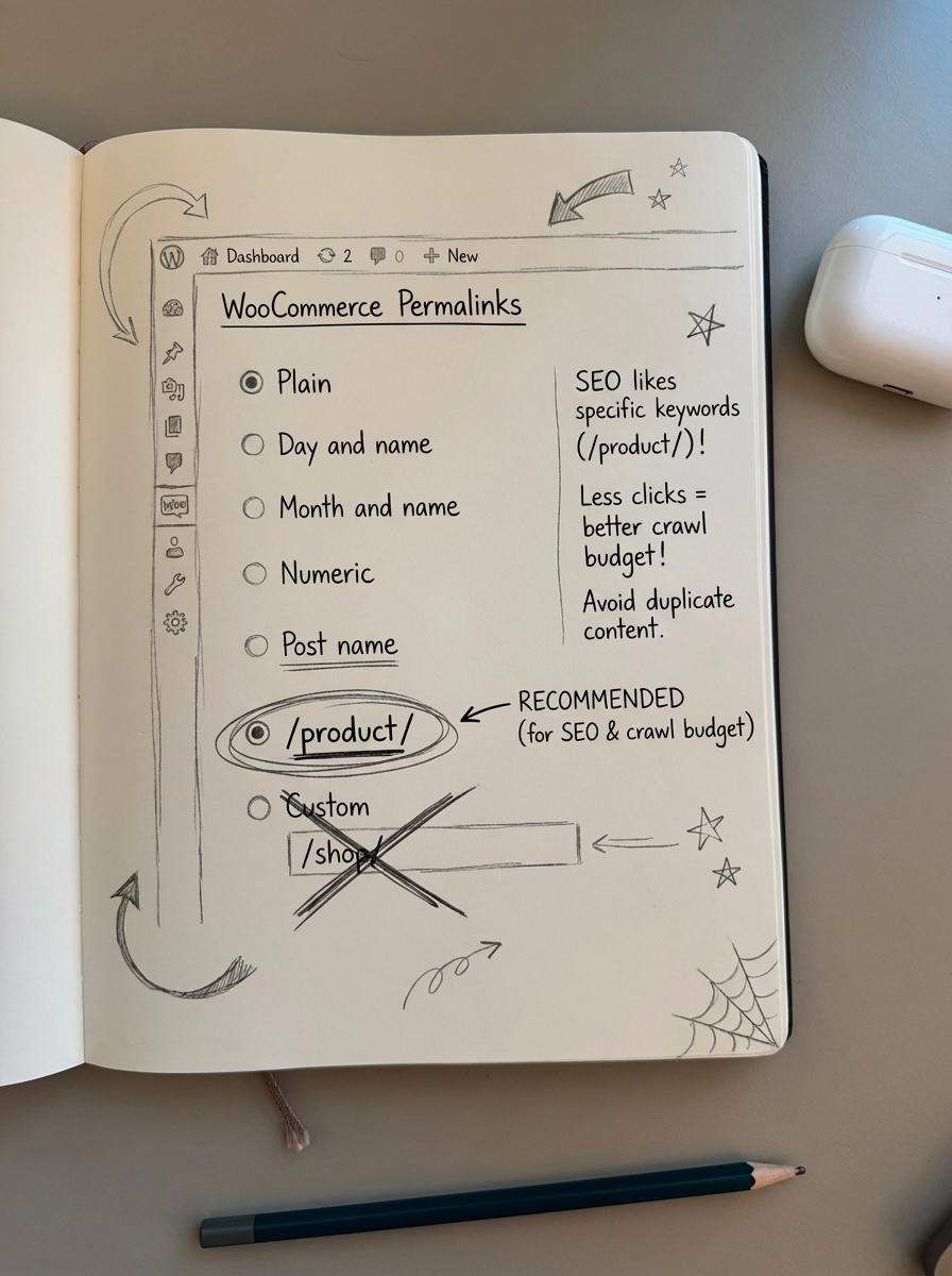 Simple notebook-style pencil sketch showing WooCommerce permalink settings layout in WordPress