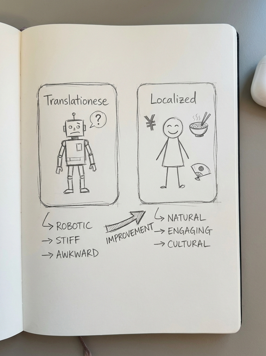 Notebook-style pencil sketch of two side-by-side product description cards showing inconsistent translations, representing terminological drift in multilingual WooCommerce