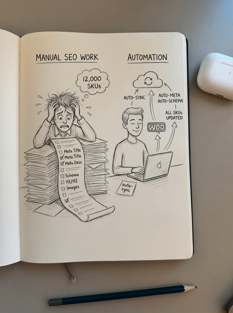 Notebook-style pencil sketch contrasting manual WooCommerce SEO work with automated CTR optimization tools