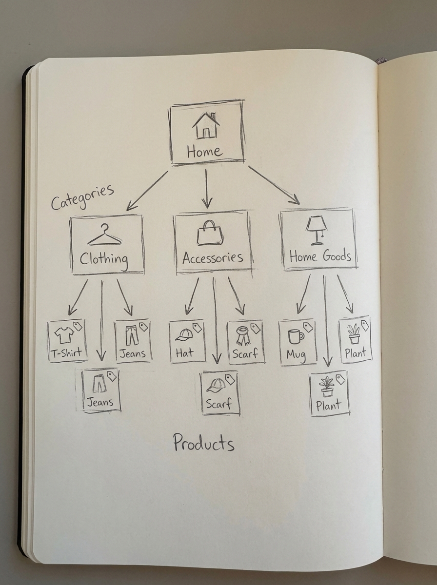 Notebook-style pencil sketch diagram of WooCommerce site architecture showing home page, category pages, and product pages in a simple hierarchy