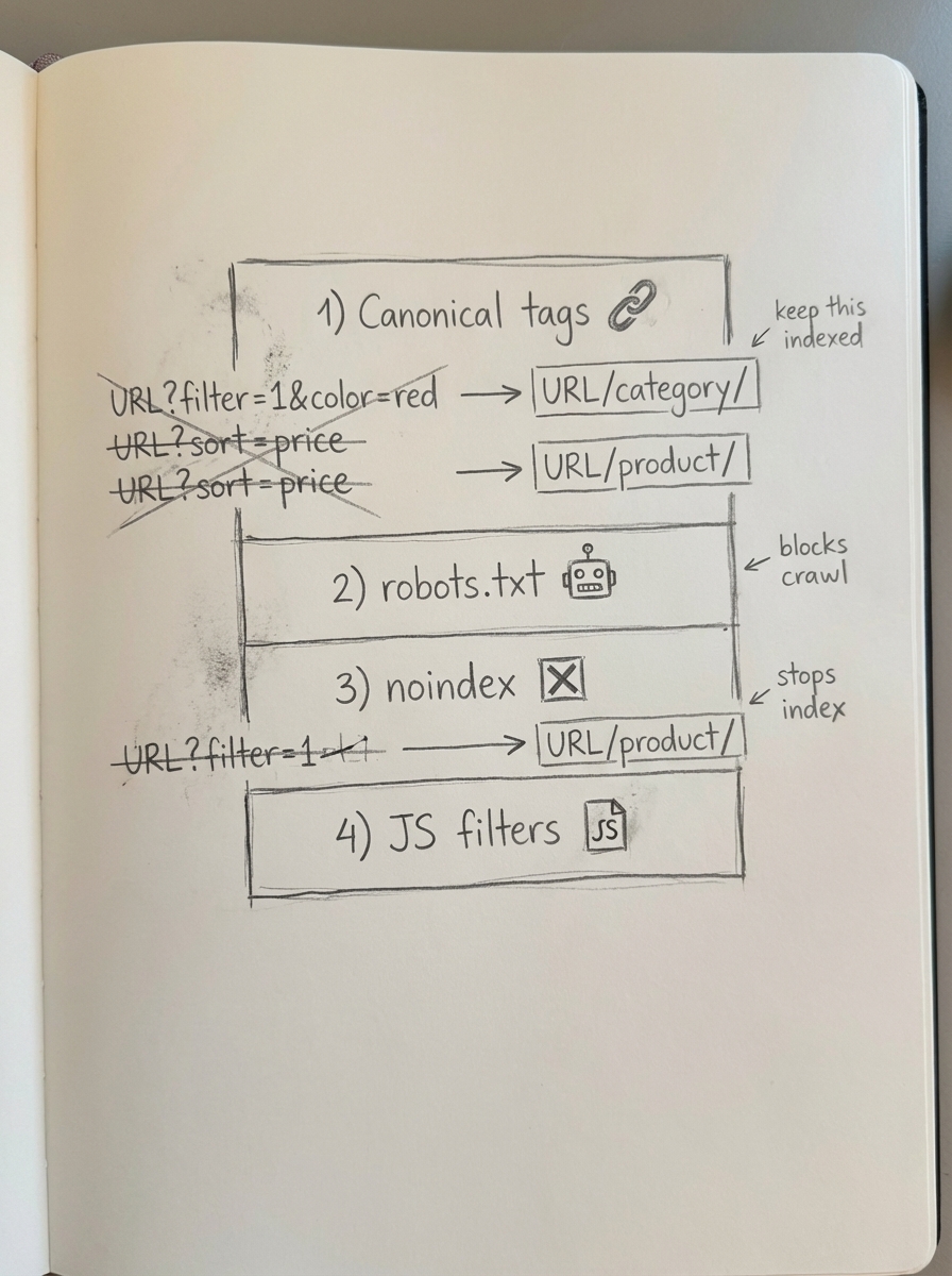 Notebook-style pencil sketch diagram of four stacked layers labeled for canonical tags, robots.txt, noindex, and JavaScript filtering