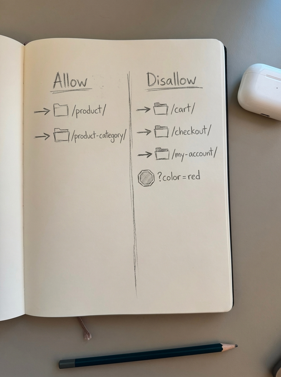 Notebook-style pencil sketch diagram of a robots.txt file with arrows from User-agent, Disallow, Allow and Sitemap rules to WooCommerce pages