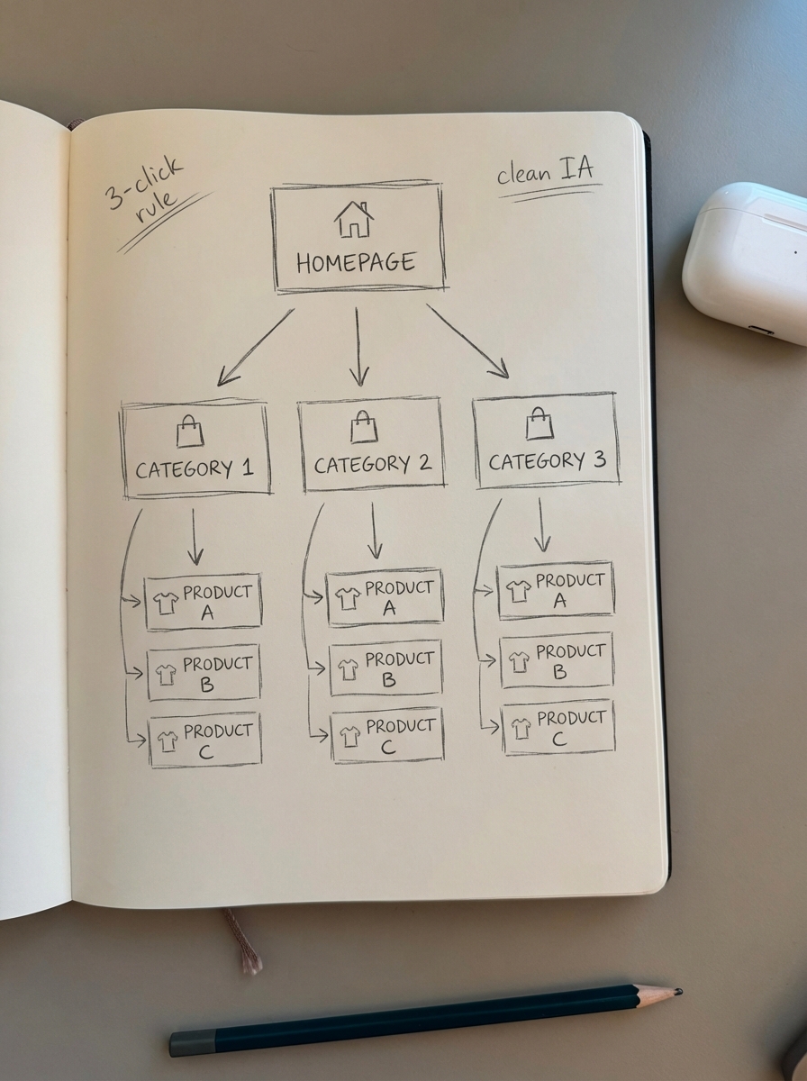 Simple notebook pencil diagram of a WooCommerce site structure showing homepage to category to product levels with a three-click rule.