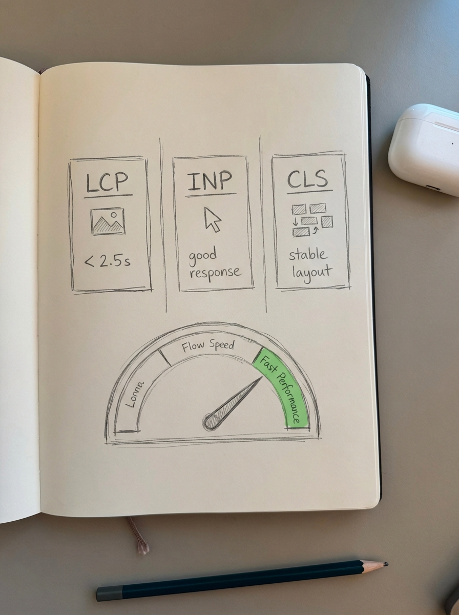 Notebook-style pencil sketch illustrating WooCommerce Core Web Vitals LCP, INP, and CLS with a speed gauge showing fast performance.