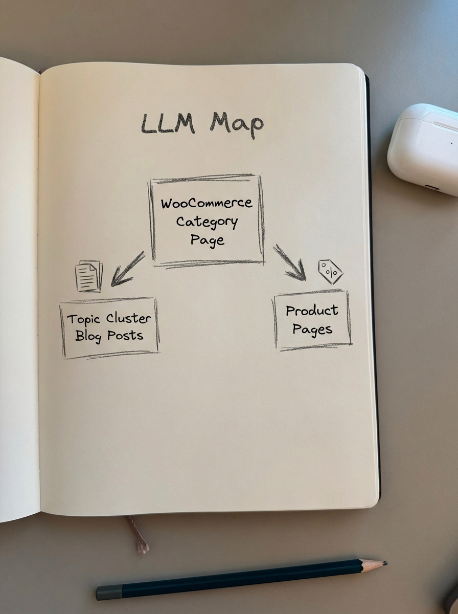 Notebook-style pencil sketch labeled LLM Map showing a WooCommerce category page in the center with arrows to topic cluster blog posts and product pages