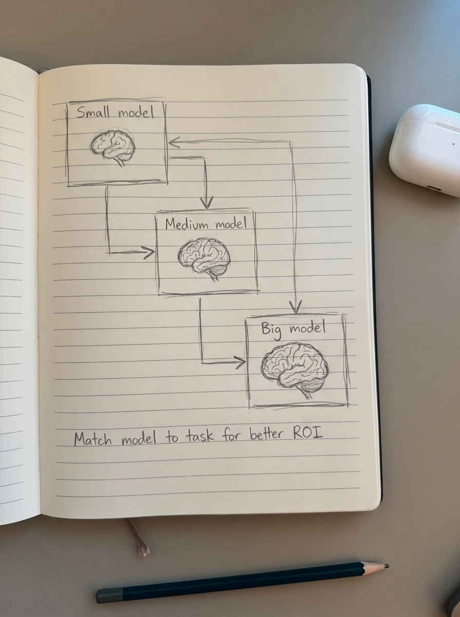 Notebook-style pencil sketch of a simple decision flow choosing between small and large LLMs based on task complexity and cost