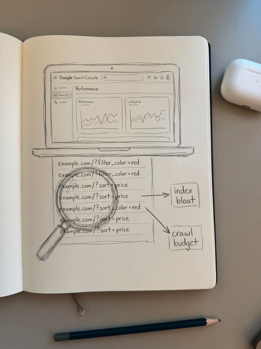 Hand-drawn notebook-style pencil sketch of a laptop showing Google Search Console charts for crawl stats and index coverage