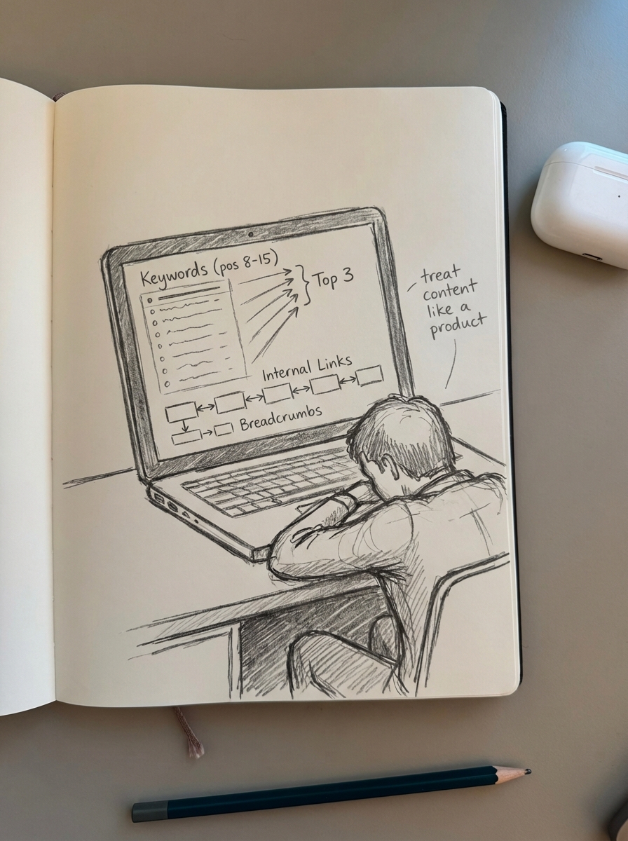 Simple pencil sketch of a person at a desk reviewing SEO reports on a laptop and iterating on WooCommerce content