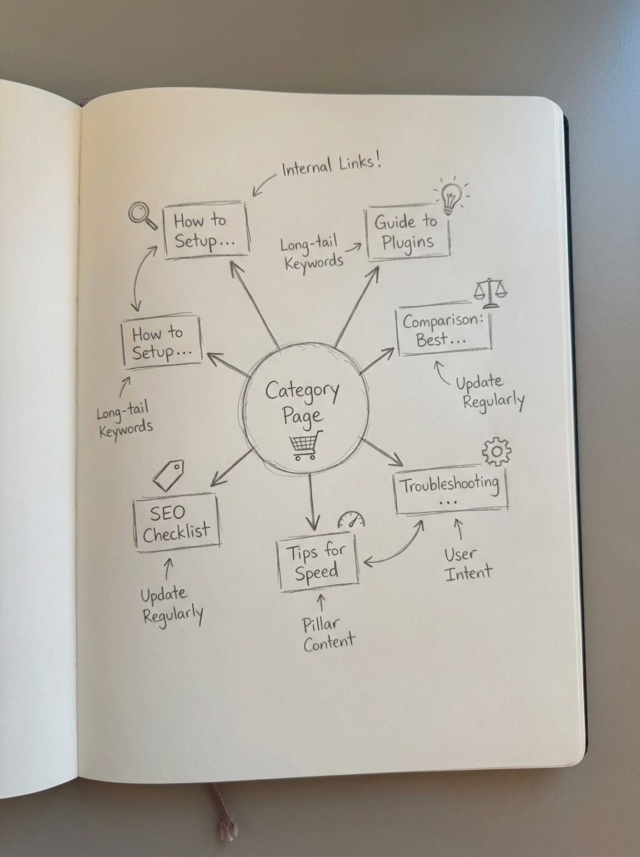 Notebook-style pencil sketch of a WooCommerce SEO topic cluster with one central category page connected to multiple supporting blog posts