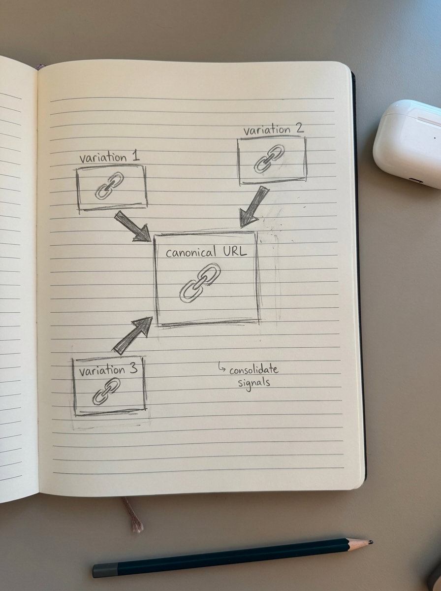 Notebook-style pencil diagram showing multiple WooCommerce variation URLs with arrows pointing to a single main product URL labeled canonical.