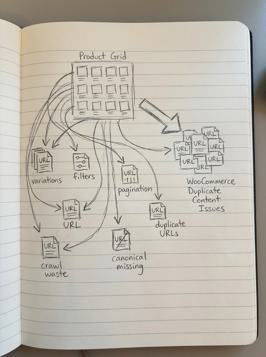 Simple notebook-style pencil sketch of an online WooCommerce store interface with several nearly identical product pages highlighted to represent duplicate content issues.