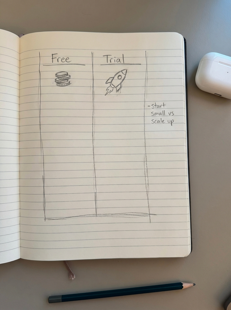 Hand-drawn notebook-style comparison of two columns labeled free tools and trial-based tools