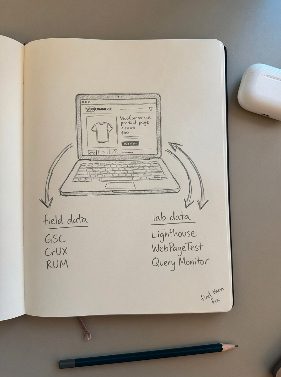 Notebook-style pencil sketch of a laptop showing a WooCommerce product page with arrows labeled field data and lab data and lists of tools like GSC, CrUX, Lighthouse, WebPageTest, and Query Monitor.