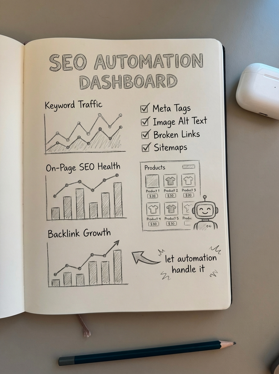 Notebook-style pencil sketch of an SEO automation dashboard tracking keyword traffic, on-page SEO health, backlinks and product updates.