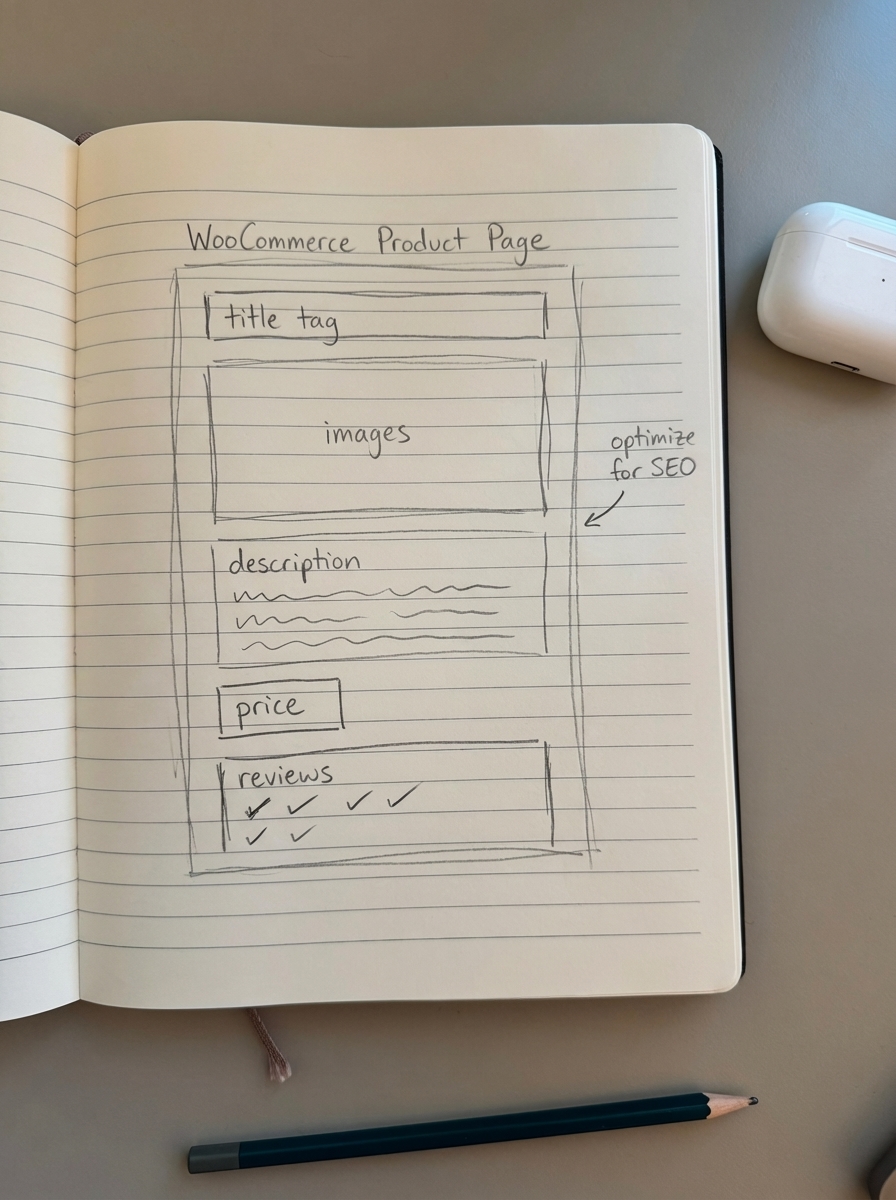 Notebook-style pencil sketch of a WooCommerce product page layout showing title tag, images, description, price and reviews optimized for SEO.