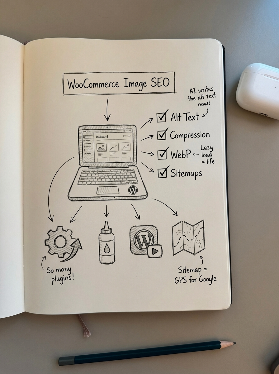 Simple notebook-style pencil sketch of a WooCommerce store with product images being optimized for SEO