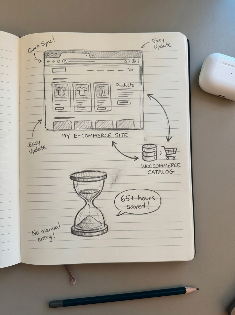 Simple notebook-style pencil sketch of an ecommerce site connected by gears and arrows to a product catalog, illustrating automated content updates and QA at scale.