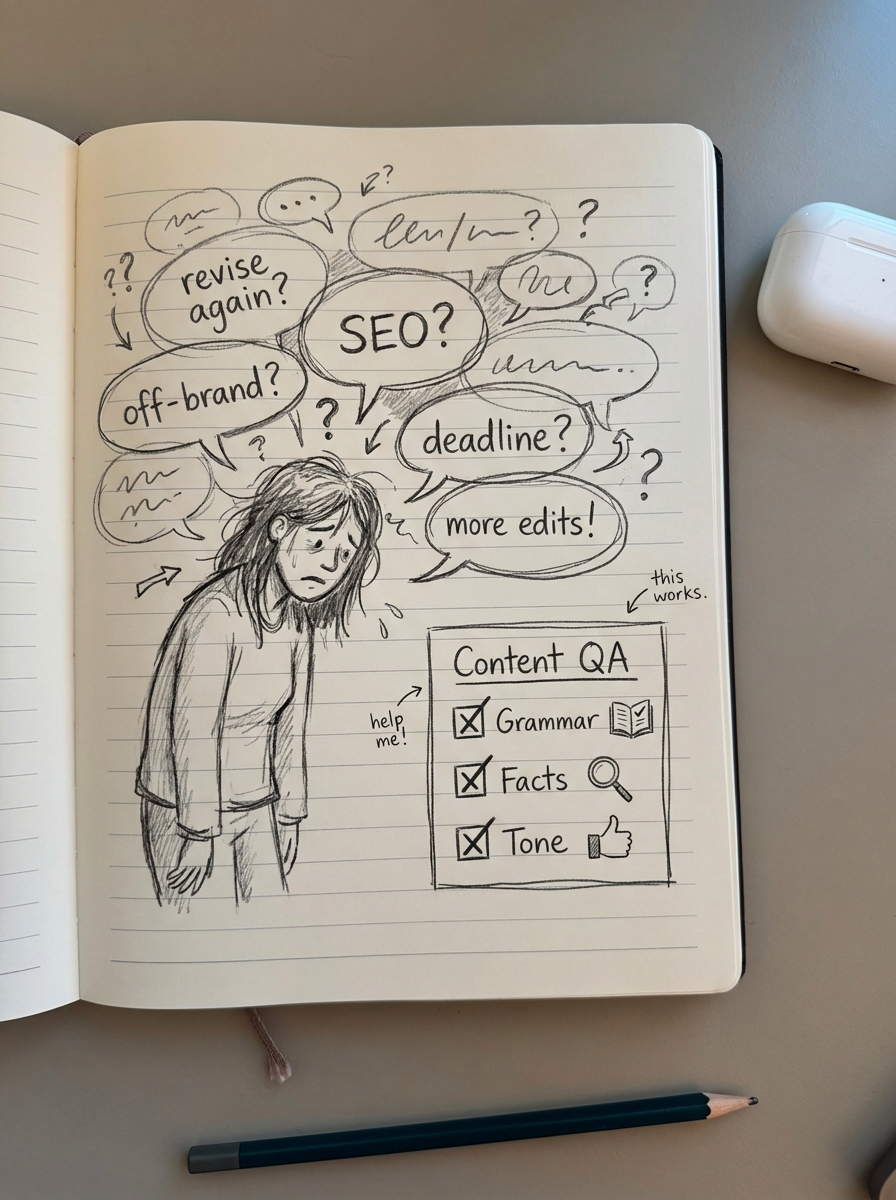 Simple notebook-style pencil sketch of an overwhelmed content editor buried in documents, symbolizing content production bottlenecks and lack of QA standards.