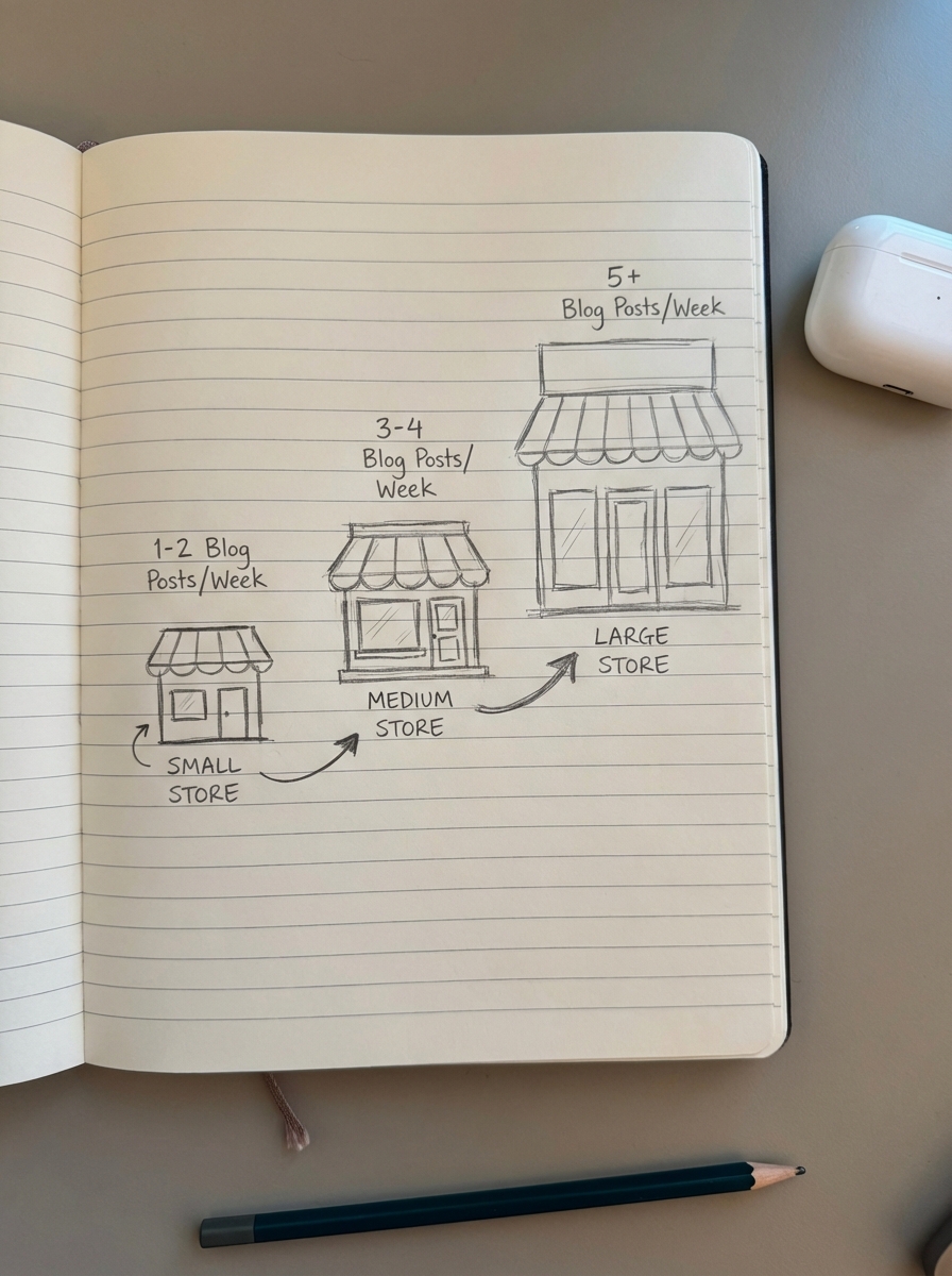 Simple notebook-style pencil sketch of three ecommerce stores of different sizes labeled starter, professional, and enterprise.