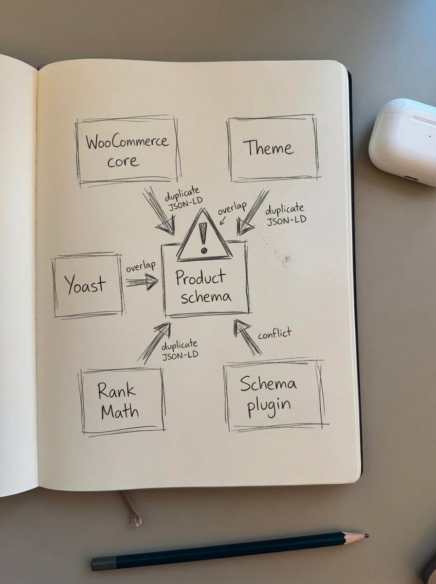 Hand-drawn notebook sketch comparing WooCommerce SEO plugins managing product schema and structured data.