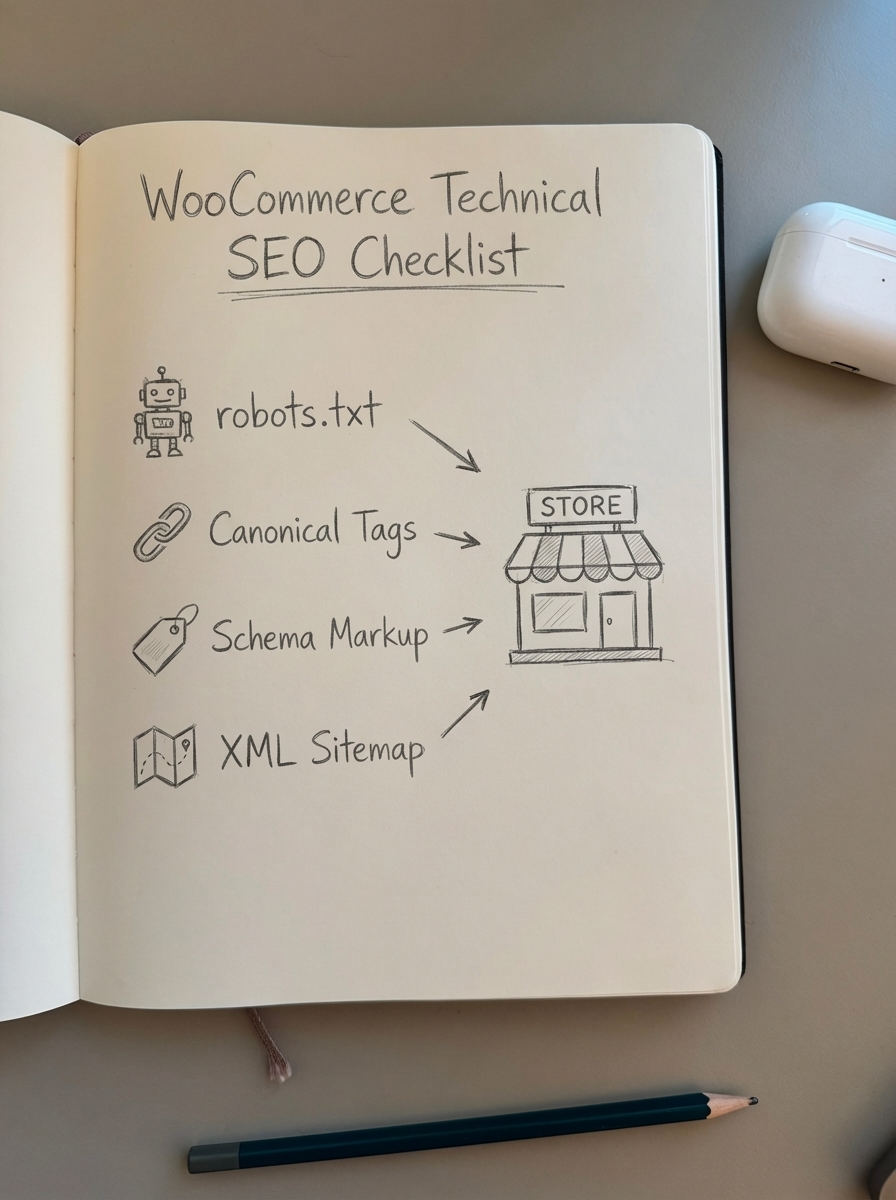 Notebook-style pencil drawing of a WooCommerce SEO recovery checklist with prioritized technical fixes