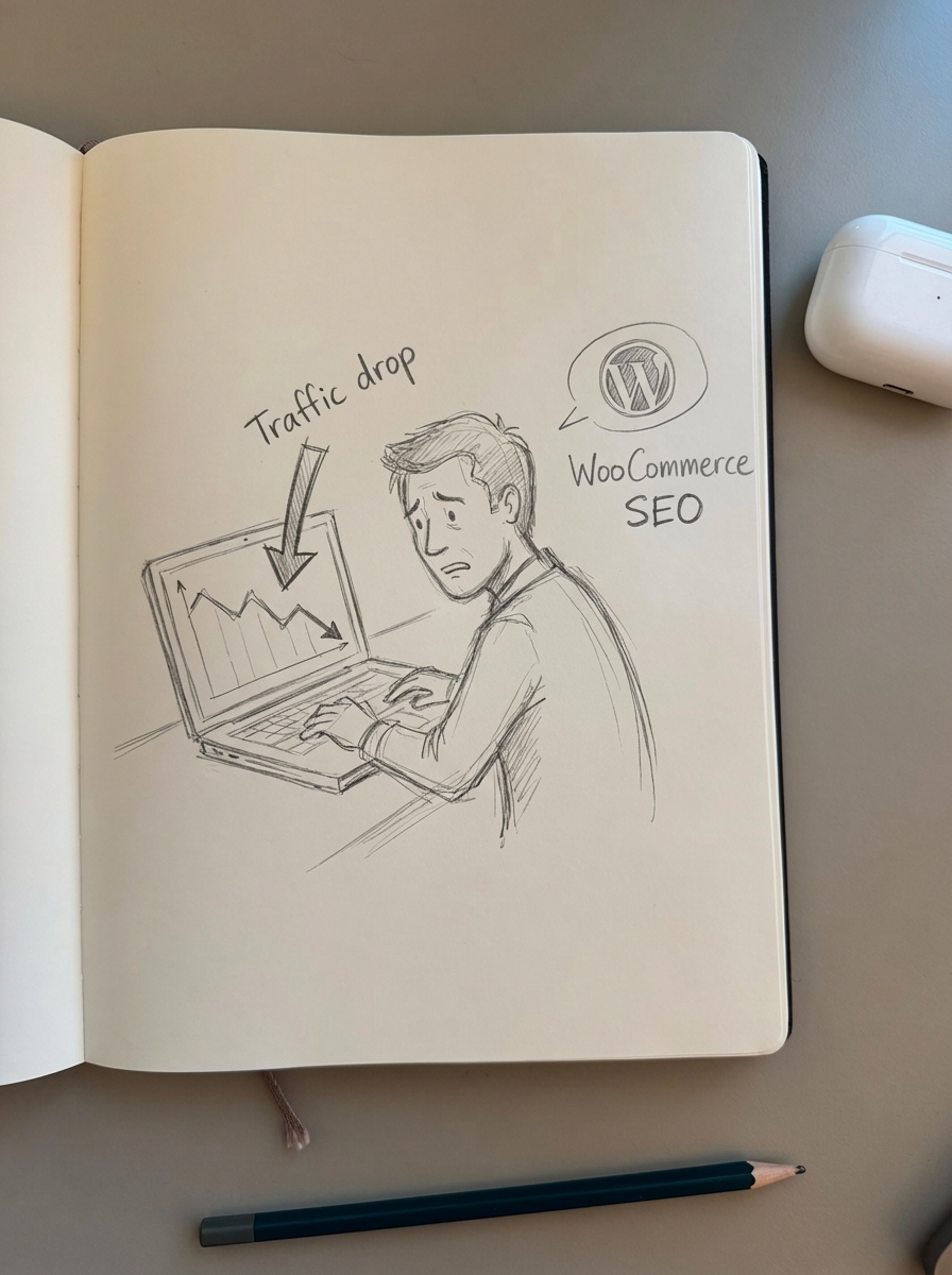 Simple notebook-style pencil sketch of a WooCommerce store dashboard with organic traffic suddenly dropping