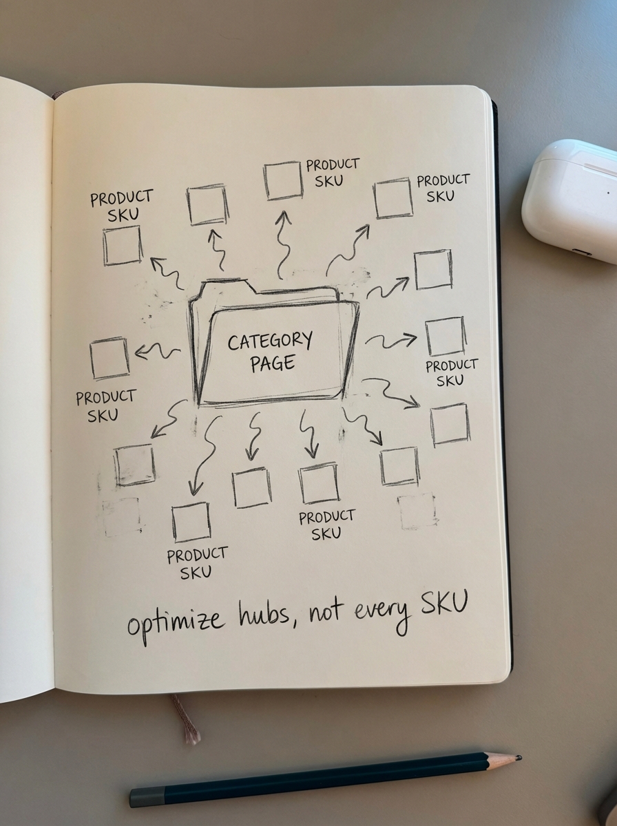 Notebook-style pencil sketch of a WooCommerce category page hub surrounded by product SKUs with arrows pointing to it