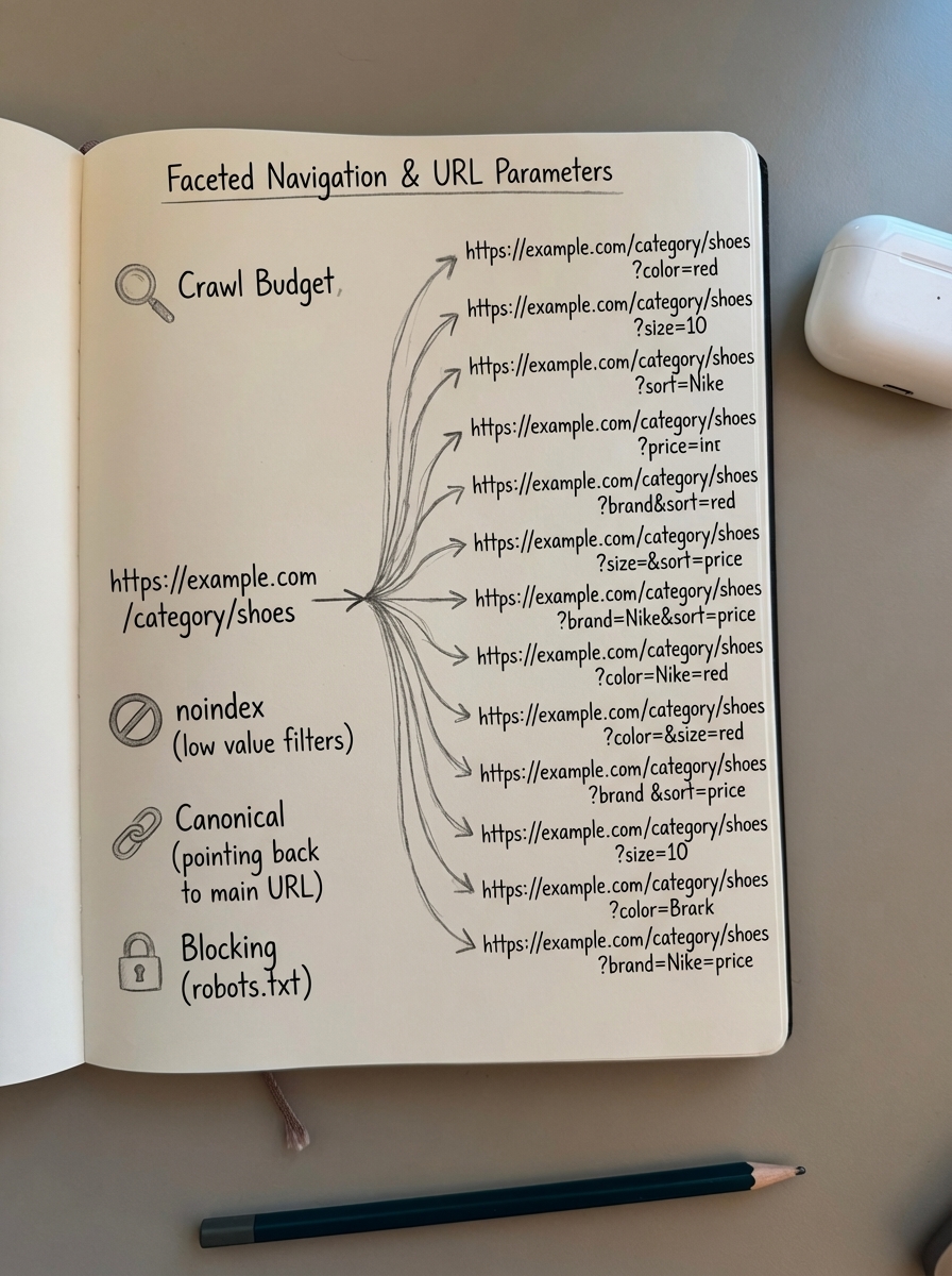 Notebook-style pencil sketch visualizing faceted navigation filters and branching URL parameter combinations