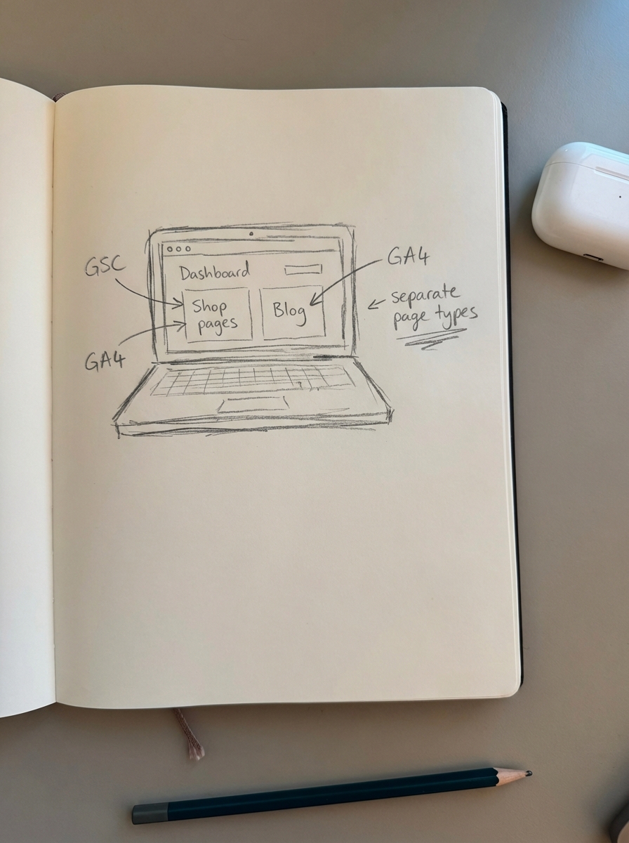 Hand-drawn pencil doodle of a laptop screen with a basic SEO dashboard and simple charts