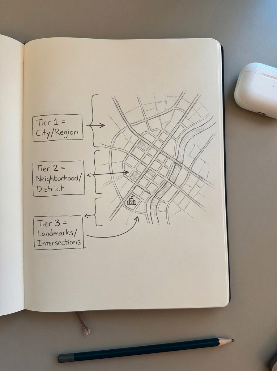 Simple pencil doodle of a city map showing three tiers of local SEO modifiers for city, neighborhood, and landmarks.
