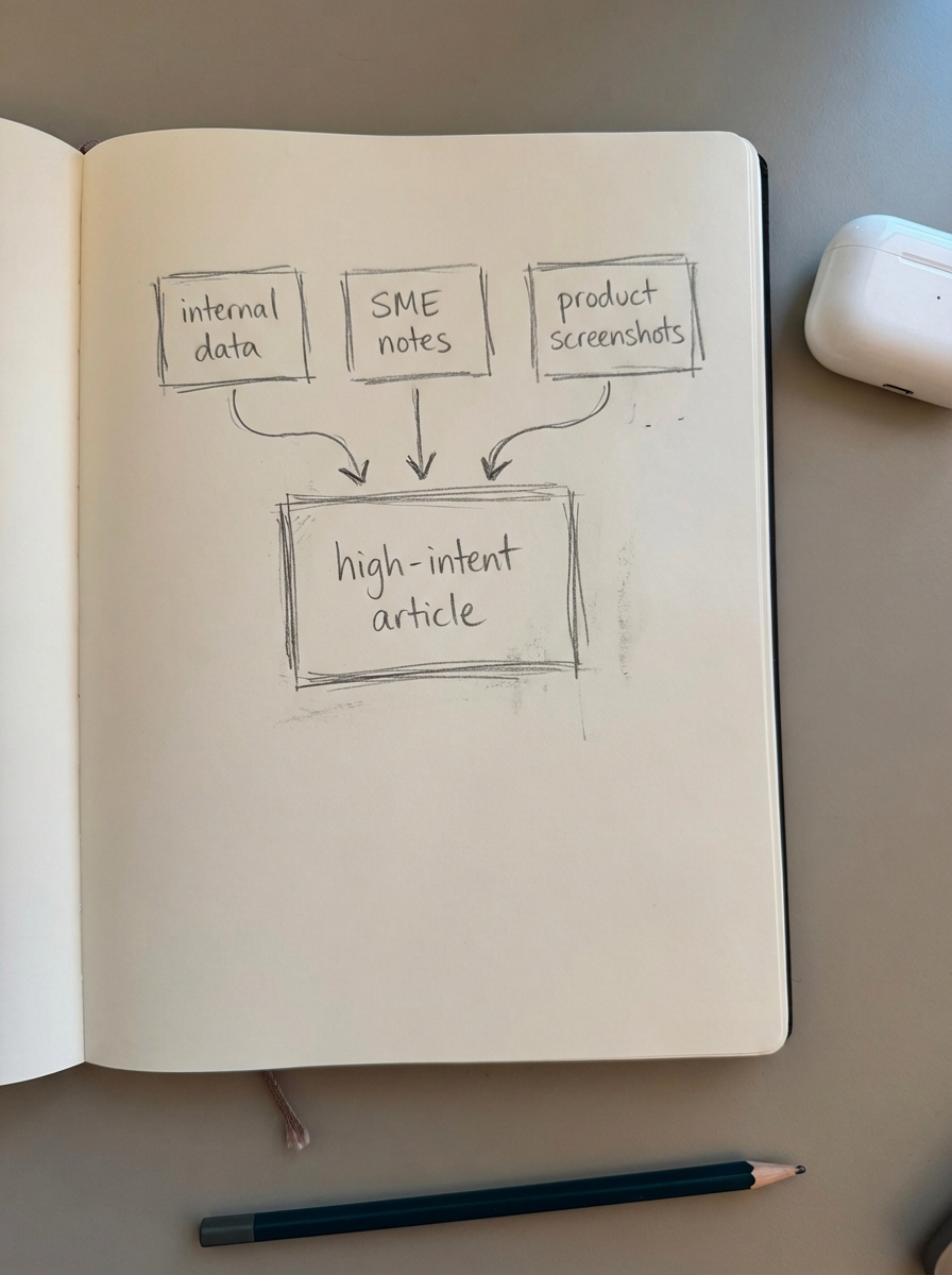 hand-drawn notebook doodle of SaaS content strategy showing internal data, SME notes, and product screenshots feeding into a high-intent article