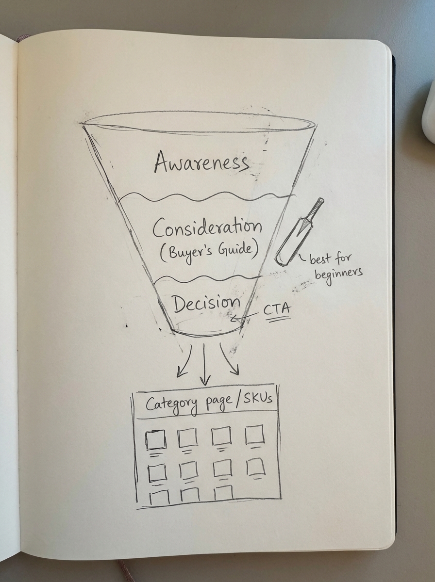 Simple pencil notebook doodle of an ecommerce buyer’s journey funnel showing awareness, consideration buyer’s guides, and decision stages