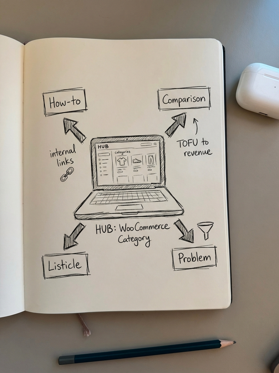 Notebook-style pencil doodle of a WooCommerce hub-and-spoke content model around a category page