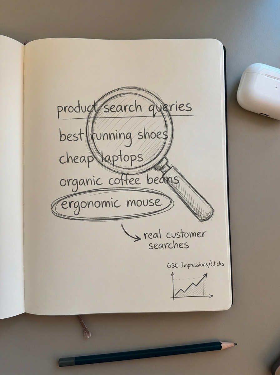 simple notebook-style pencil doodle of a magnifying glass with a small note about keyword research