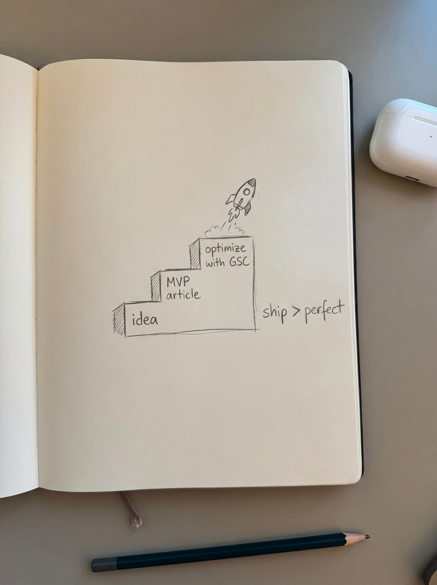 simple notebook-style pencil doodle of a three-step staircase showing iterative content improvement