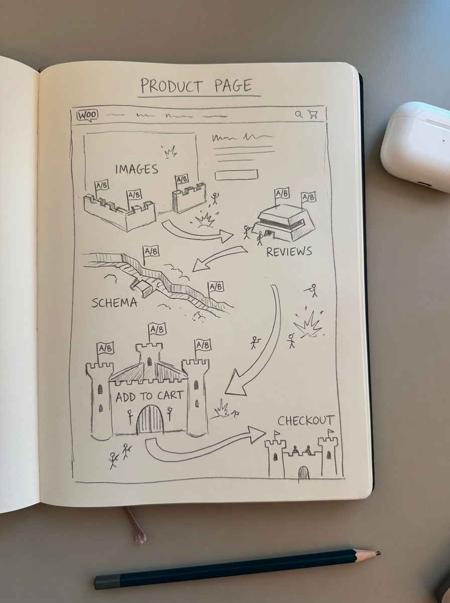 Simple pencil notebook doodle of a WooCommerce product page drawn as a battlefield for A/B testing elements