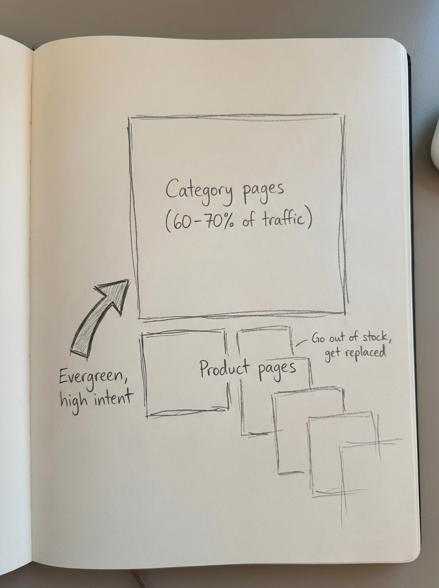 Notebook-style pencil sketch of a WooCommerce site with a large highlighted category page and many smaller product pages under it