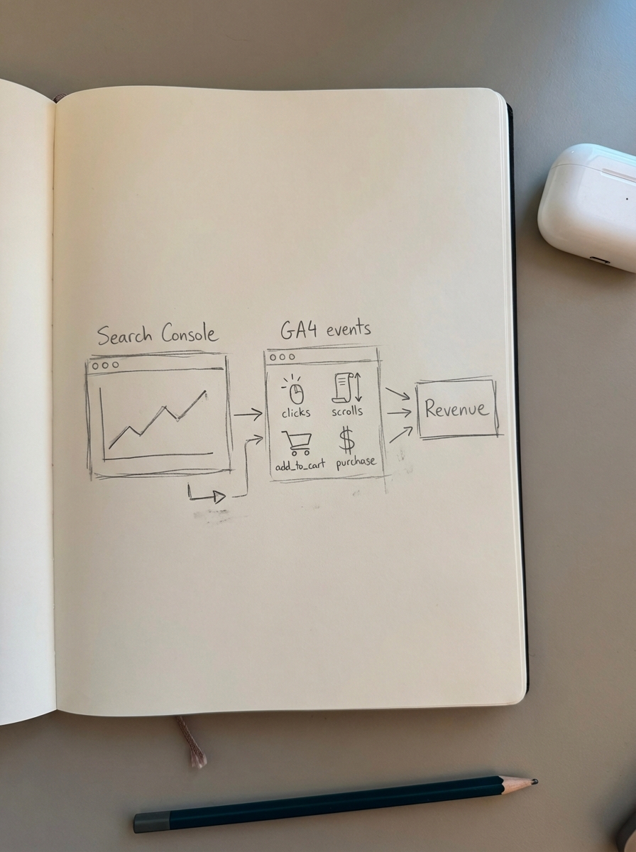 Simple pencil notebook-style drawing of a browser window showing SEO and GA4 event tracking data